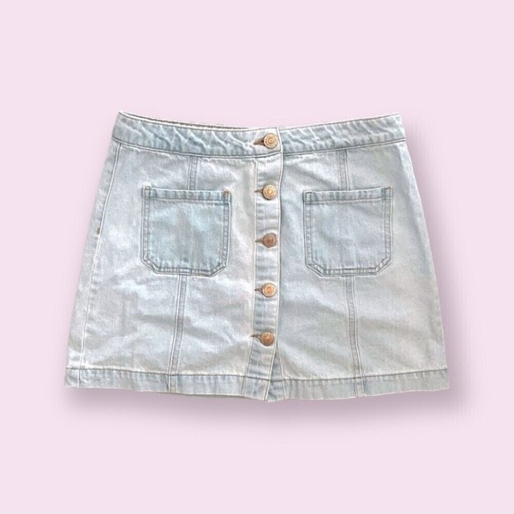 Forever 21 Denim Mini Skirt Light Wash Blue Button Front Y2K Womens Size Large